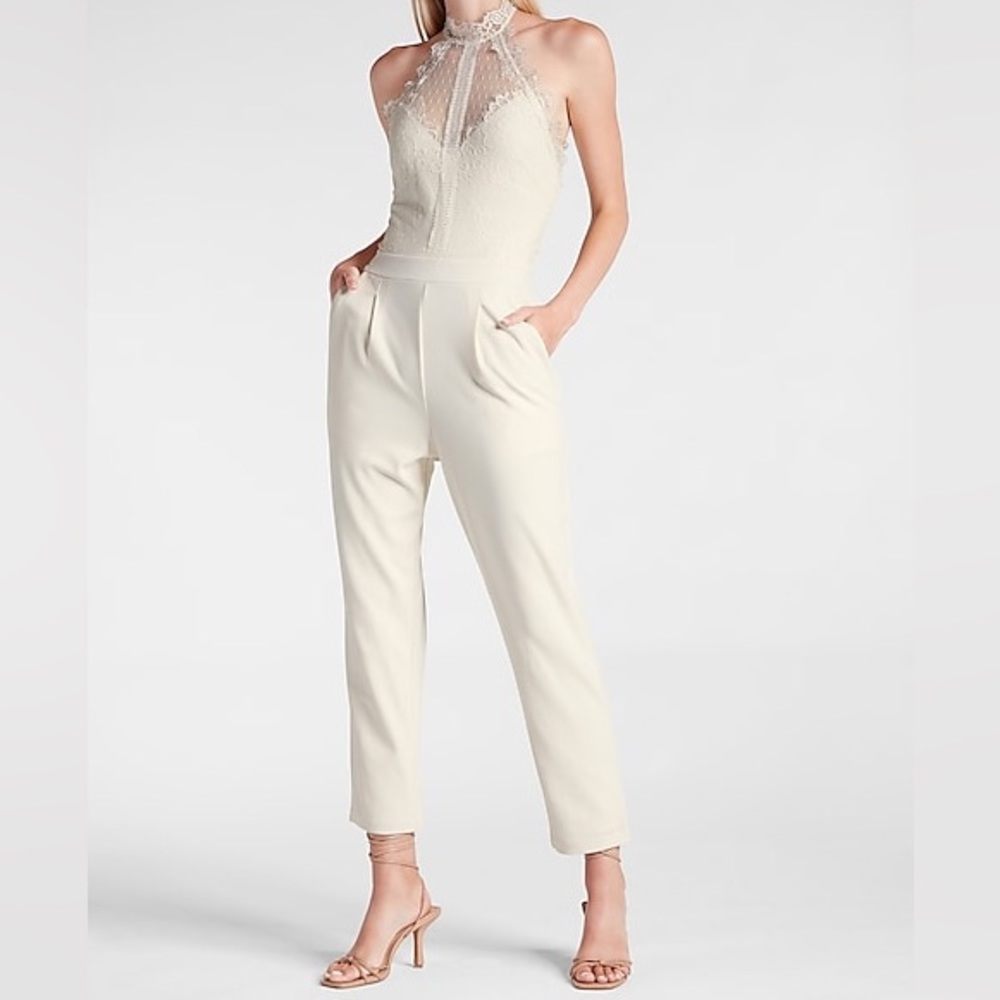 NEW White Wedding Bridal Sleeveless Jumpsuit Lace Tailored Pockets Sz Large NWT